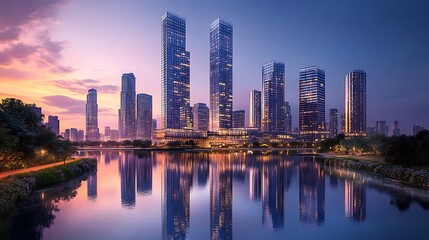 Obraz premium City skyline reflection at dusk urban area landscape photography