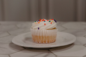 Vanilla cupcake with rainbow sprinkles on white plate