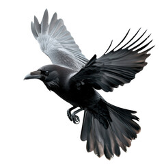 Naklejka premium A majestic bird in flight, showcasing striking black feathers and spread wings with a hint of white.