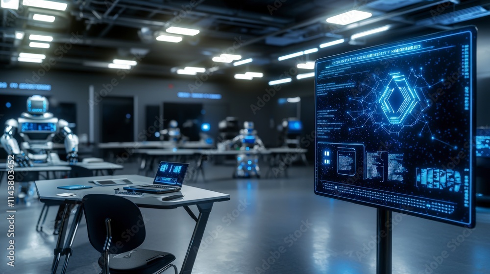 Poster futuristic ai skills classroom tech institute digital learning space modern environment innovative v