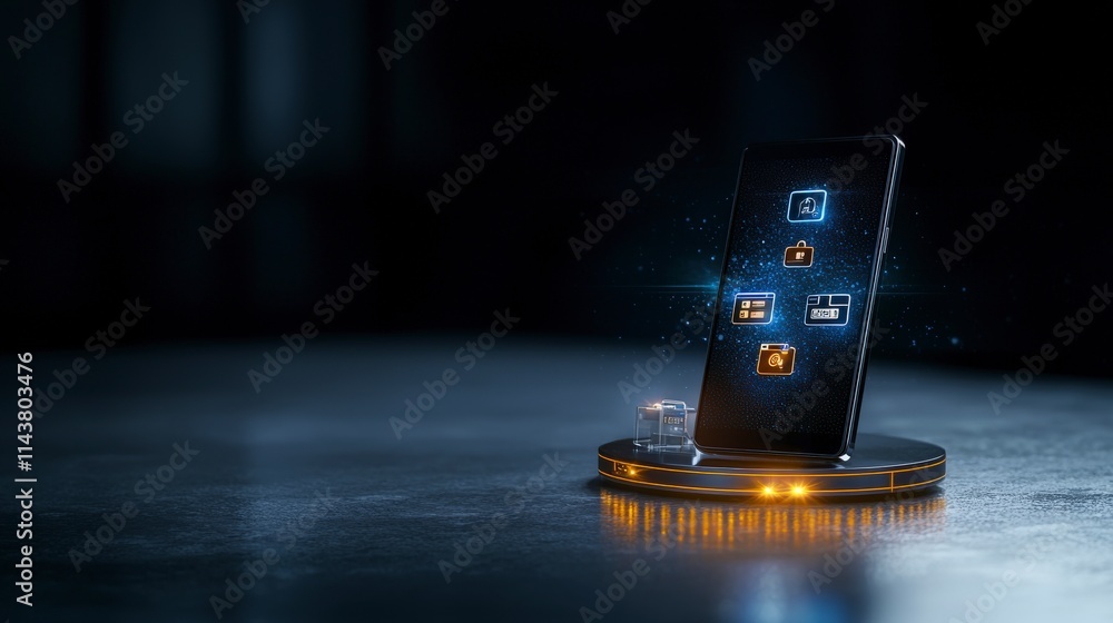 Aufkleber Secure payment technology glowing mobile phone icons showcase innovation dark studio setting futuristic view