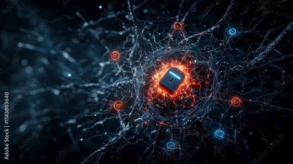 Poster Securing data through glowing neural networks digital realm abstract visualization cybersecurity close-up technology insights