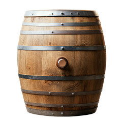 Fototapeta premium A wooden barrel with metal bands, showcasing a rustic design and a central spigot.