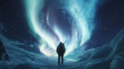 Backpacker admiring aurora borealis in snowy landscape night sky adventure serene environment awe-inspiring view