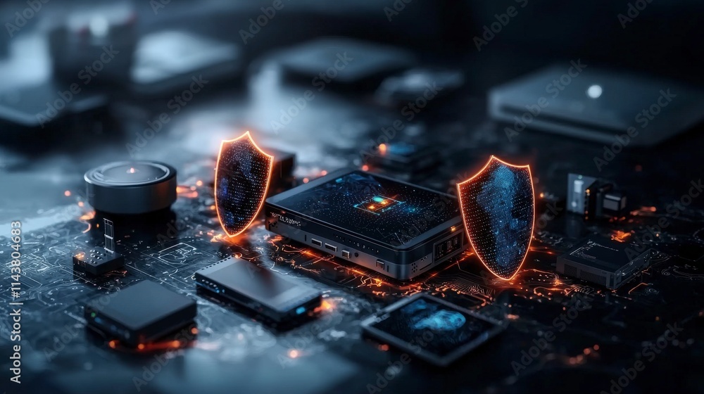 Poster Cybersecurity innovations for iot devices in a modern tech hub a close-up on digital art and futuristic design