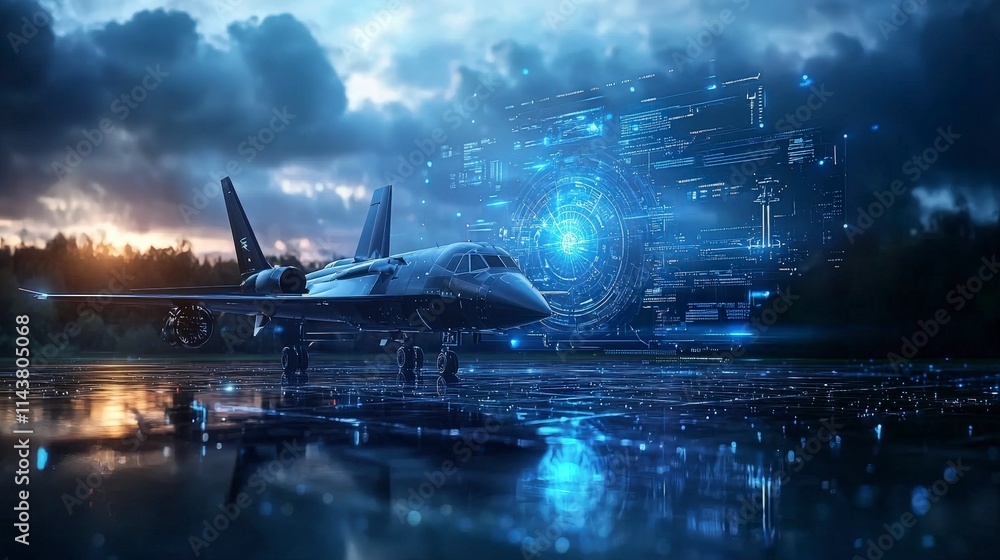 Poster futuristic aircraft landing at a high-tech facility digital interface evening overhead view innovati