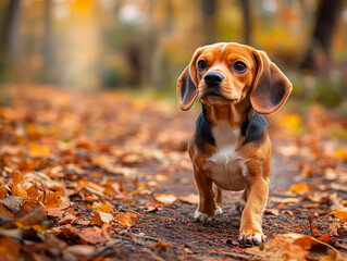 Beagle exploring a forest trail with autumn leaves