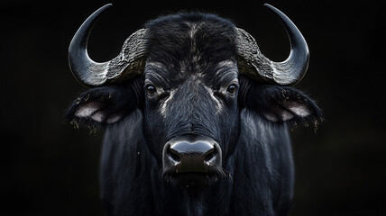 Naklejka premium Black buffalo, frontal view, powerful horns, dramatic contrast 32k, full ultra hd, high resolution