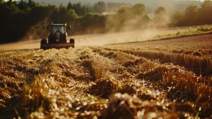Haymaking equipment on a sunny field, showcasing the automation of agricultural work, bright natural light.