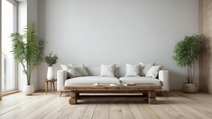 Minimalist Living Room With White Sofa And Wooden Coffee Table