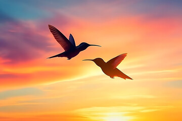 Fototapeta premium A silhouette of a hummingbird flying against the backdrop of a colorful sunset