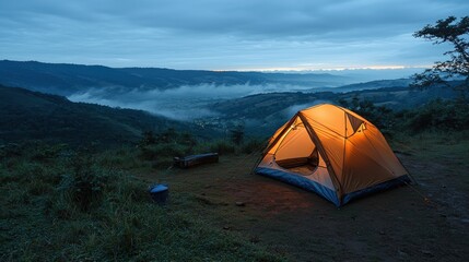 Dawn adventure mountain campsite with tent overlooking scenic valley serene nature peaceful viewpoint