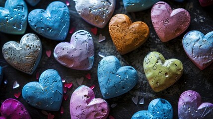 Hearts in various colors and textures on a dark background, symbolizing love and diverse emotions, soft focused light.
