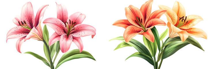 Obraz premium Pink and Orange Lilies Flowers Isolated on Transparent Background