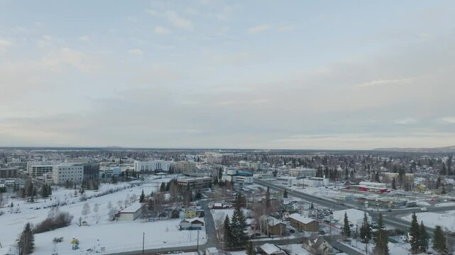Wide Aerial View of Downtown Fairbanks, Alaska North Facing along Illinois Street with Chena River