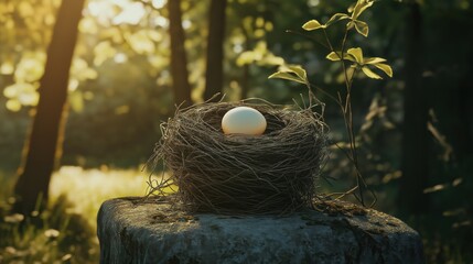 Obraz premium A close-up of a nest with a single egg resting on a stone in a sunlit forest.