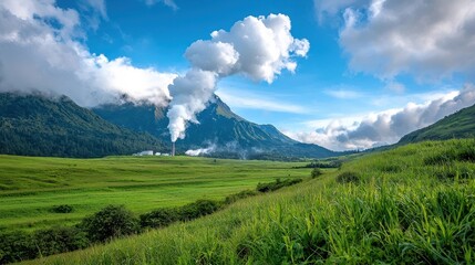 Majestic mountain landscape with lush green meadows a winding trail and dramatic clouds in a picturesque scenic vista