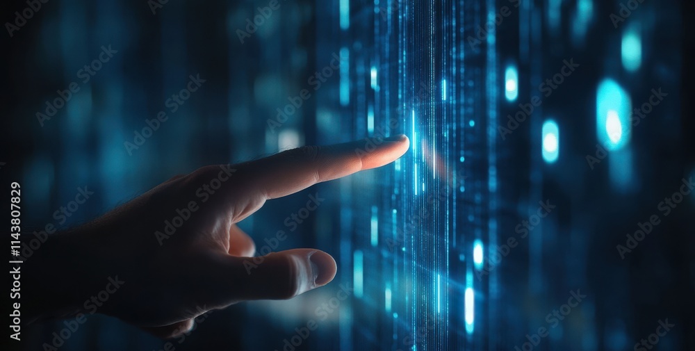 Poster digital interaction hand touching a blue glowing graph bar chart in a high-tech environment