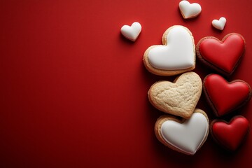 Fototapeta premium Heart-shaped red and white cookies. Red background. Valentine's Day.