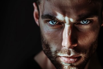 Intense male portrait with dramatic lighting, captured in an extreme close-up to emphasize facial features and emotions. High contrast lighting with deep shadows and highlights.