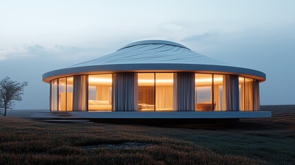 Contemporary yurt-inspired house design rural landscape architectural evening setting modern aesthetic