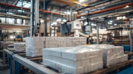 Fototapeta premium Factory production line with packaged goods on conveyor belt.