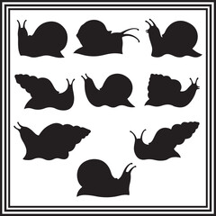 Snail vector black silhouette set. big collection of snail silhouette