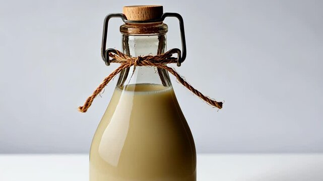 Creamy beverage served in a vintage glass bottle with a wooden cap and twine embellishment