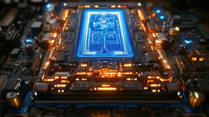 Fototapeta premium Close-up of a futuristic circuit board with glowing elements.