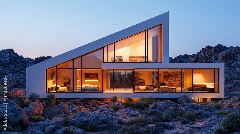 Aufkleber modern geometric house with bold angular shapes desert location architectural design evening environ