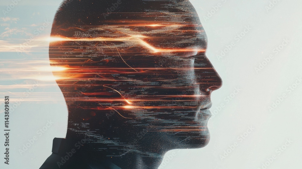 Poster abstract visualization of glowing laser cuts digital portrait studio setting futuristic perspective 