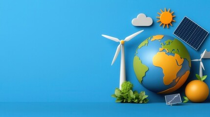 Naklejka premium Renewable energy technology such as wind turbines and solar panels powering a sustainable and eco friendly future for the planet Earth Concept of clean