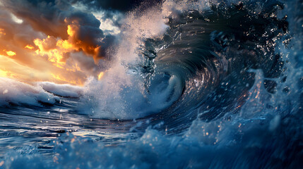 powerful wave under dramatic sunset sky