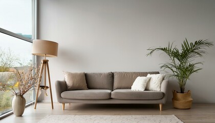 Mock up modern interior sofa in living room, empty wall. Generated image