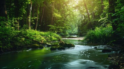 Obraz premium Lush greenery in a serene river landscape, highlighting tranquility and natural beauty. Soft natural lighting.