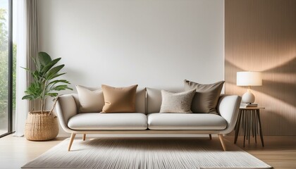 Fototapeta premium Mock up modern interior sofa in living room, empty wall. Generated image