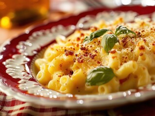 Macaroni and cheese served on a plate with red accents, enhancing the dishâ€™s appetizing appeal. Warm indoor lighting.