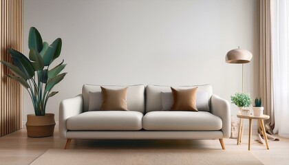 Mock up modern interior sofa in living room, empty wall. Generated image