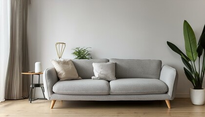 Mock up modern interior sofa in living room, empty wall. Generated image