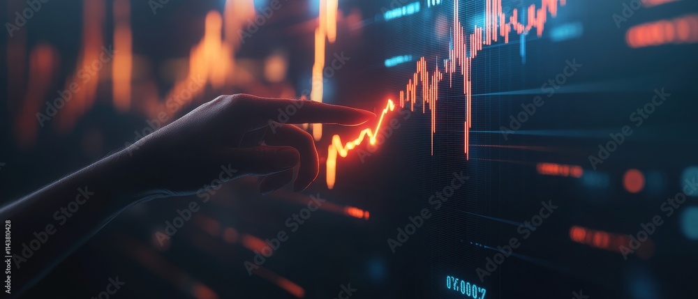Poster interactive hand touching virtual stock graph digital trading environment business insight technolog