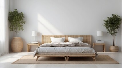 Minimalist Bedroom Design With Rattan Bed and Plants