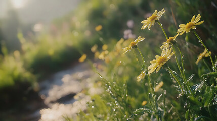Golden Hour Blooms: Sun-kissed daisies sway gently in a meadow, their delicate petals glistening with morning dew. The soft light paints the scene in a warm, ethereal glow.