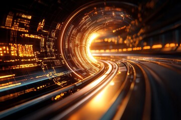 Vibrant light and data patterns create a futuristic tunnel effect in a digital environment