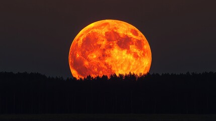 Obraz premium Vibrant red supermoon rising over silhouette forest night sky landscape tranquil atmosphere