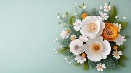 Elegant and romantic floral bouquet arrangement with white pink and orange flowers on a soft pastel green background  The flowers have a delicate soft focus effect creating a serene cozy