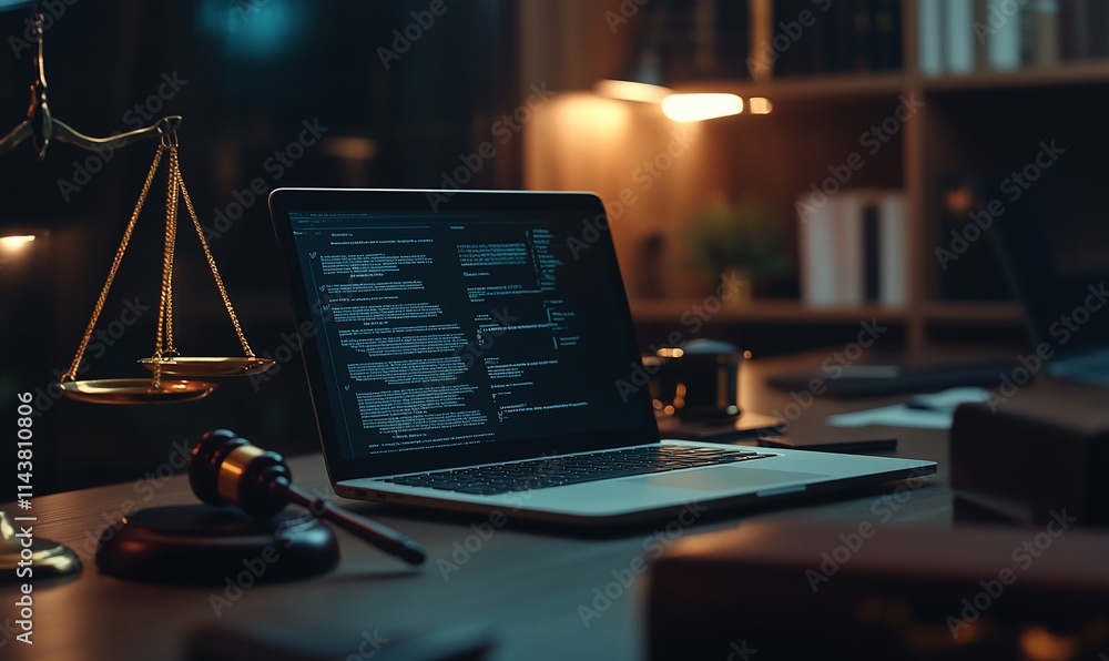 Poster a laptop displaying code on a desk with legal symbols and books in a dim setting.