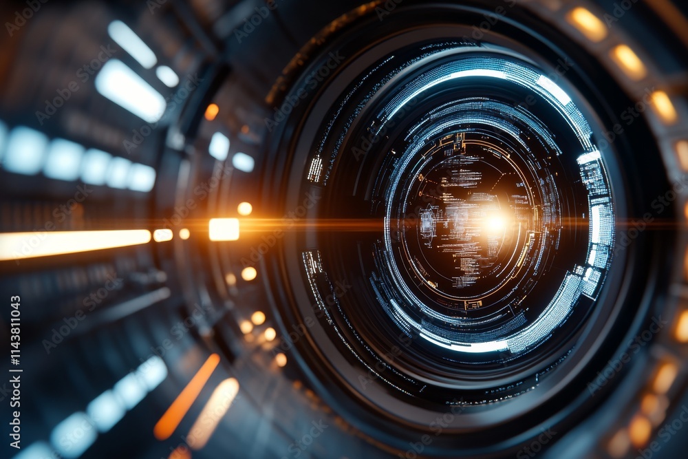 Poster modern camera lens capturing dynamic light and intricate technology at a futuristic studio setting