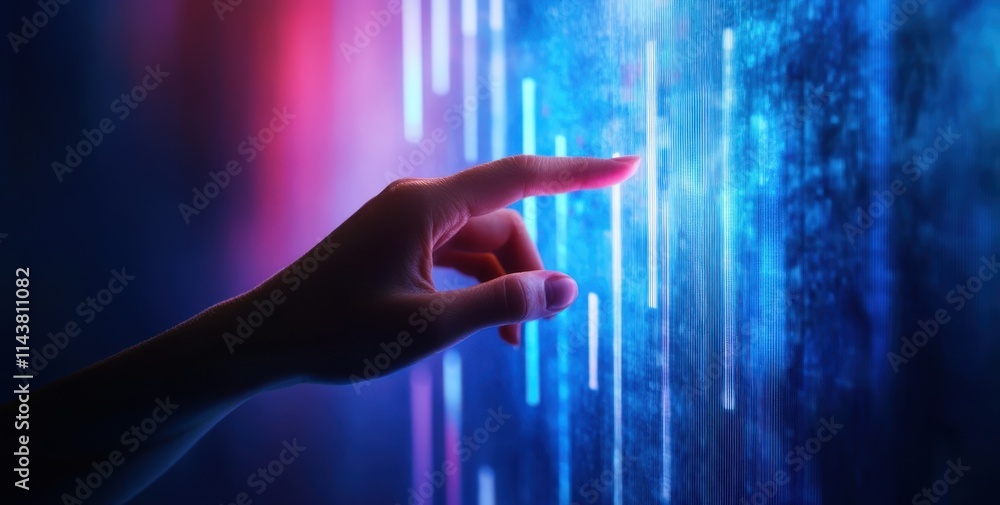 Poster hand touching abstract bar graph blue background digital interaction modern environment close-up dat