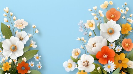 Vibrant Springtime Floral Bouquet in Pastel Hues Against a Soft Blue Background  Colorful arrangement of daisies poppies and other blooming flowers in a natural elegant design