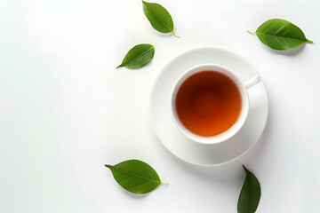  A cup of tea with leaves in white background